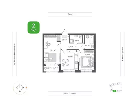 2-к кв. Новосибирская область, Новосибирск Природные кварталы Сибирия ...