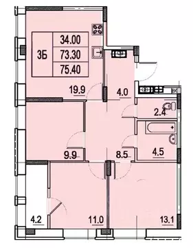 3-к кв. Чувашия, Чебоксары ул. Юрия Гагарина, поз14/1 (75.4 м)