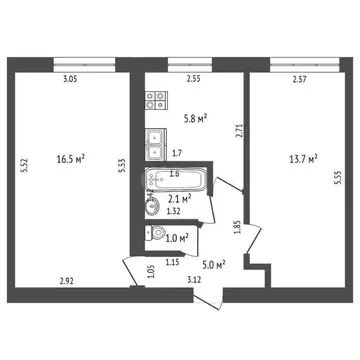 2-комнатная квартира: Стерлитамак, улица Блюхера, 25 (44.1 м)
