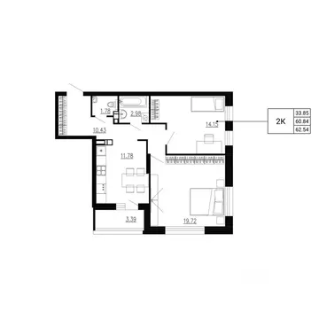 2-к кв. Орловская область, Орел Ломоносов жилой комплекс (62.54 м)