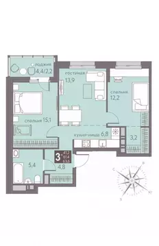 3-к кв. Пермский край, Пермь ул. Серебристая, 12/1 (61.1 м)