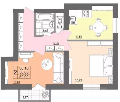 2-к кв. Смоленская область, Смоленск ул. Багратиона, 26 (58.82 м)