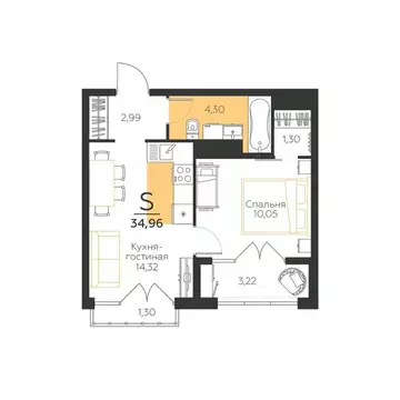 1-к кв. Тульская область, Тула  (34.96 м)