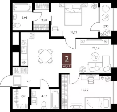 2-к кв. Рязанская область, Рязань ул. Бирюзова, 20с1 (69.41 м)