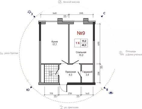 1-к кв. Калужская область, Обнинск ул. Усачева (46.5 м)