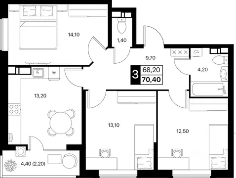 3-к кв. Ростовская область, Ростов-на-Дону Эстет жилой комплекс (70.4 ...