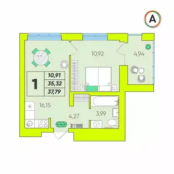 1-к кв. Калужская область, Калуга Зеленый жилой комплекс (37.79 м)