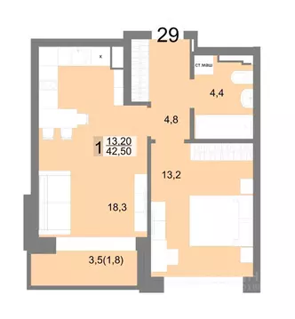 1-к кв. Свердловская область, Екатеринбург ул. Семена Лагоды, 80 (42.5 ...