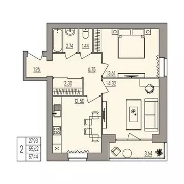 2-к кв. Волгоградская область, Волгоград ул. Землячки, 84/7 (57.44 м)