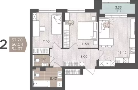 Квартира-студия: Калининград, Батальная улица, 65Б (56.04 м)