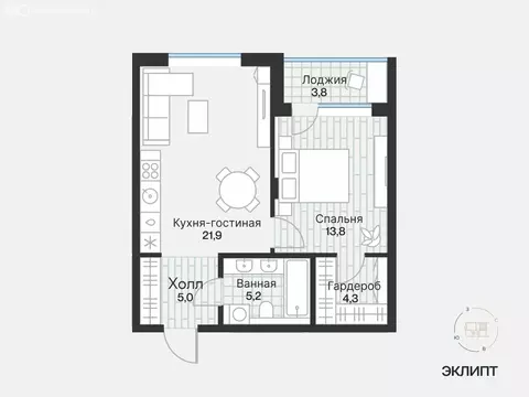 1-комнатная квартира: Тюмень, улица Игоря Комиссарова, 15 (51.99 м)