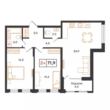 2-комнатная квартира: Тюмень, ЖК UNO (71.9 м)