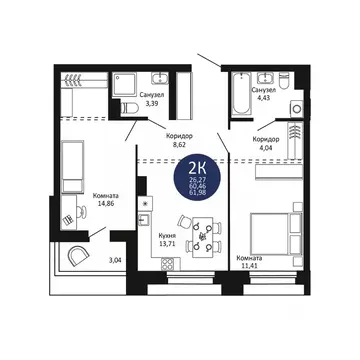 2-к кв. Новосибирская область, Новосибирск 1-й на Рябиновой жилой ...