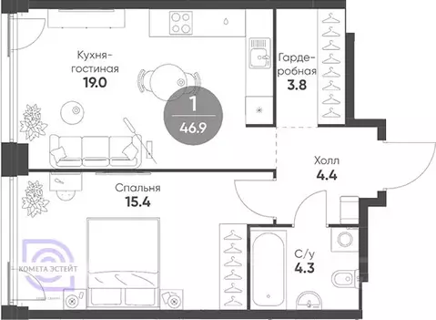 2-к кв. Москва наб. Марка Шагала, 11к3 (46.9 м)