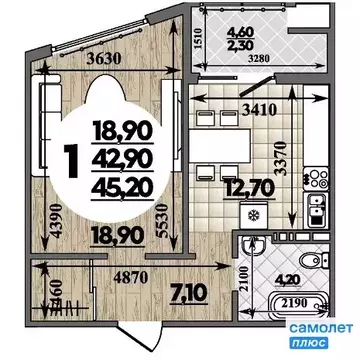 1-комнатная квартира: Анапа, улица Адмирала Пустошкина, 22к10 (45.2 м)