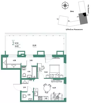 2-к кв. Свердловская область, Екатеринбург пер. Базовый, 10 (67.53 м)