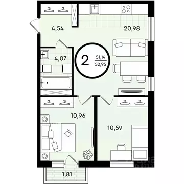 2-к кв. Тюменская область, Тюмень ул. Александра Звягина, 2 (52.95 м)