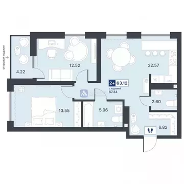 2-к кв. Тюменская область, Тюмень ДОК мкр, ул. Рылеева, 31 (63.12 м)