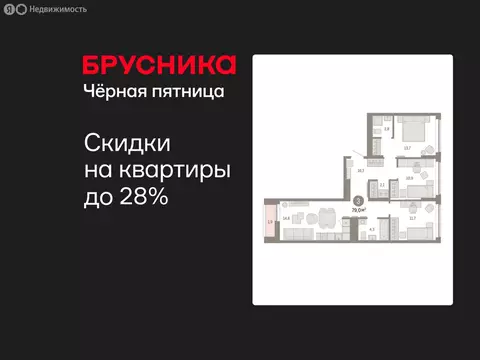 3-комнатная квартира: Екатеринбург, улица Гастелло, 19А (78.95 м)