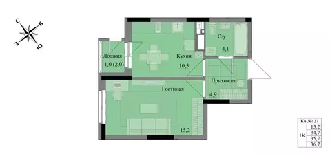 1-к кв. Удмуртия, Ижевск Краски Леса жилой комплекс (35.7 м)
