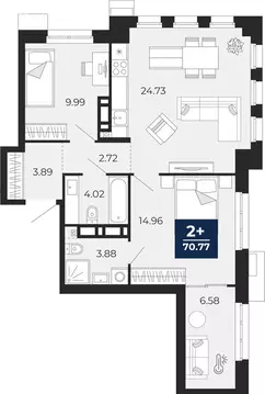 2-комнатная квартира: Тюмень, ЖК Айвазовский Сити (70.77 м)