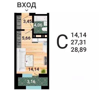 Студия Воронежская область, Воронеж ул. Летчика Демьянова, 1 (30.05 м)