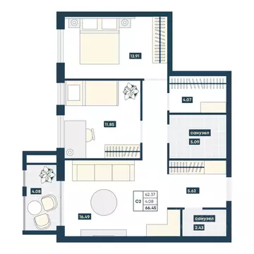 2-к кв. Краснодарский край, Анапа Лучи жилой комплекс (66.45 м)