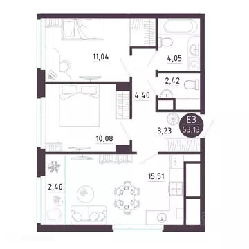 2-к кв. Рязанская область, Рязань Московское ш. (53.13 м)