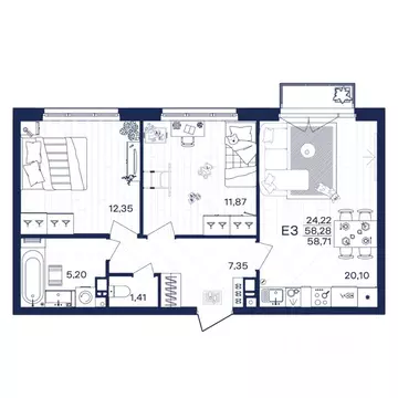 2-к кв. Тульская область, Тула Гармония жилой комплекс (58.71 м)