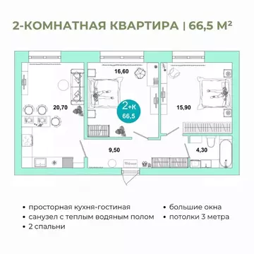 2-к кв. Оренбургская область, Оренбург Ростоши Премьер мкр,  (66.5 м)