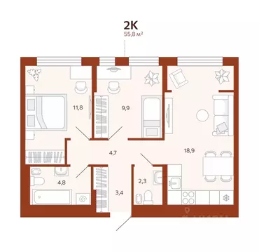 2-к кв. Тюменская область, Тюмень ул. Новаторов, 30 (55.8 м)