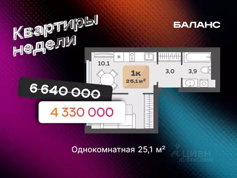 1-к кв. Тюменская область, Тюмень ул. Республики, 204к15 (25.1 м)