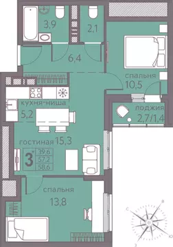 Студия Пермский край, Пермь ул. Серебристая, 5 (58.6 м)