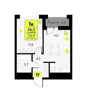 1-комнатная квартира: Тюмень, улица Андрея Приказнова, 7 (36.3 м)