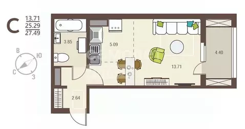 Студия Курская область, Курск ул. Энгельса, 115 (27.49 м)