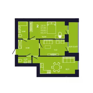 2-к кв. Башкортостан, Уфа ул. Михаила Зайцева, 8 (66.4 м)