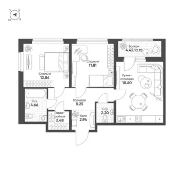 2-к кв. Свердловская область, Екатеринбург Солнечный жилрайон,  (66.0 ...