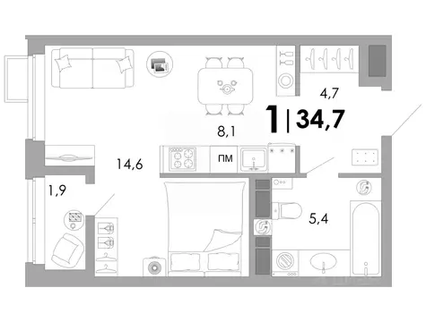 Студия Владимирская область, Владимир Уно жилой комплекс (34.7 м)