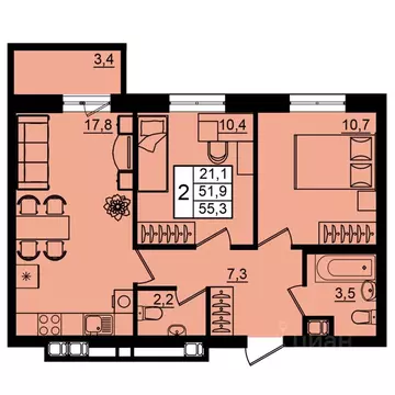 2-к кв. Волгоградская область, Волгоград Рубин жилой комплекс (55.3 м)