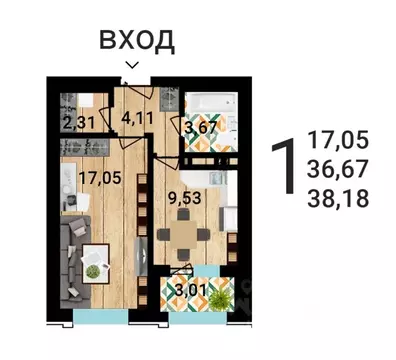 1-к кв. Воронежская область, Воронеж ул. Летчика Демьянова, 1 (38.88 ...