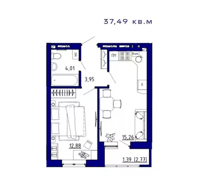 1-комнатная квартира: Аксай, ЖК Авиатор (37.54 м)