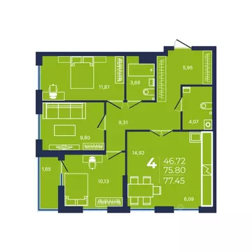 4-к кв. Башкортостан, Уфа ул. Майора Доставалова, 1 (77.45 м)