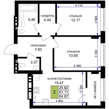 2-к кв. Калининградская область, Гурьевск Включи жилой комплекс (64.97 ...