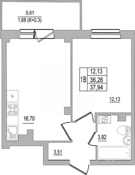 1-к кв. Псковская область, Псков ул. Юности, 32 (37.94 м)
