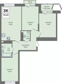 3-к кв. Пермский край, Пермь Гайва мкр,  (74.33 м)