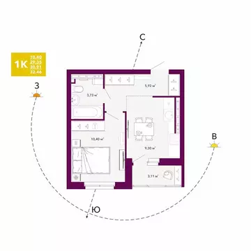1-комнатная квартира: Екатеринбург, проспект Космонавтов, 103А (30.91 ...