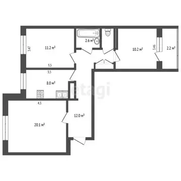 4-комнатная квартира: Щёлкино, 3-й микрорайон, 101/1 (66.4 м)