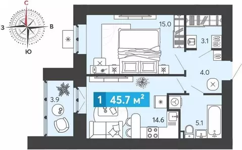 1-комнатная квартира: Засечное, Прибрежный бульвар, 5 (45.7 м)