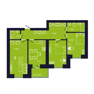 3-к кв. Башкортостан, Уфа ул. Михаила Зайцева, 8 (77.15 м)