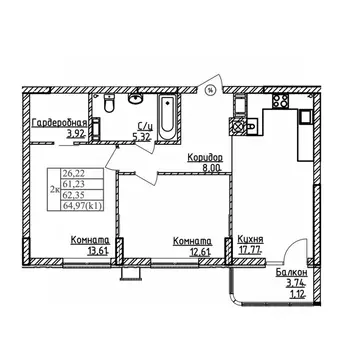 2-к кв. Калининградская область, Калининград ул. Дубовая Аллея (62.35 ...